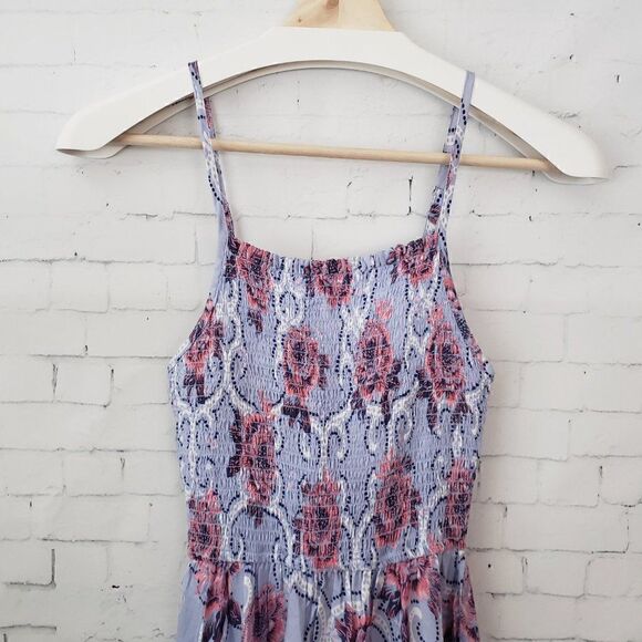 Japana Seersucker Handkerchief Hem Sun Dress Size XS Blue Floral Spaghetti Strap - Picture 2 of 6